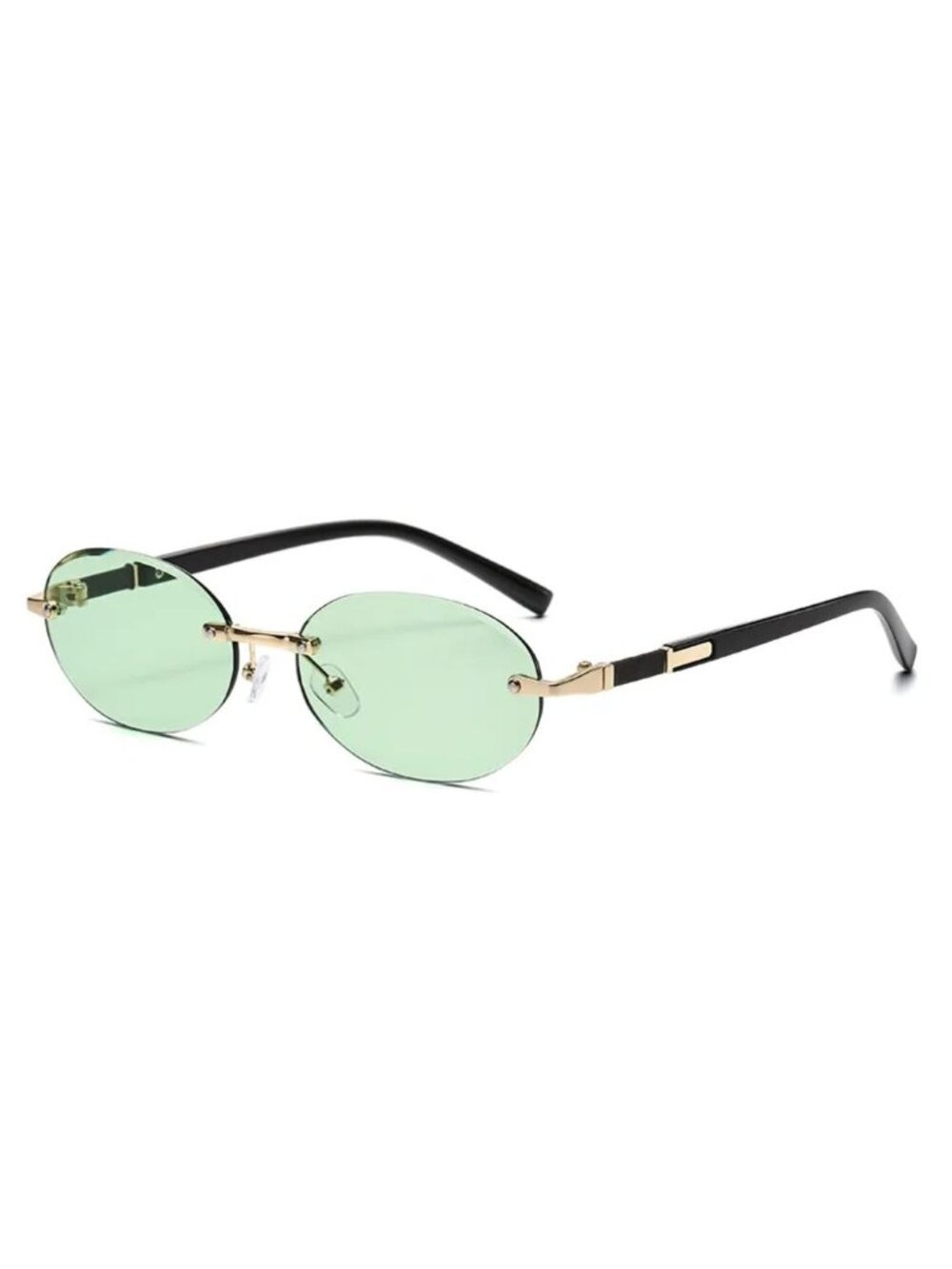 Oval Rimless Green Lens Sunglasses With Gold & Black Metal Frame